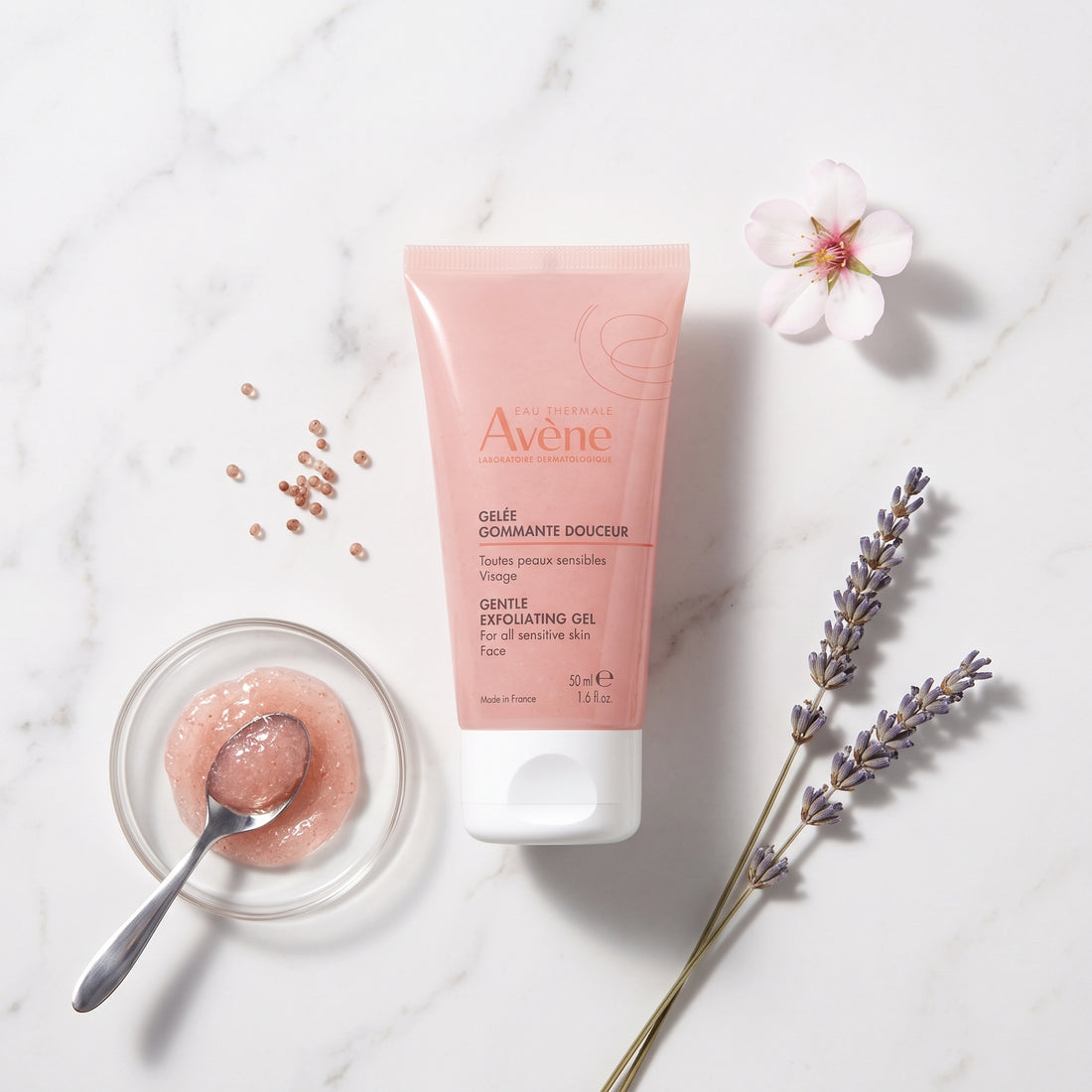 Avène Gelée Gommante Douceur face scrub in a 50ml jar, gentle exfoliating gel with soothing ingredients for soft skin