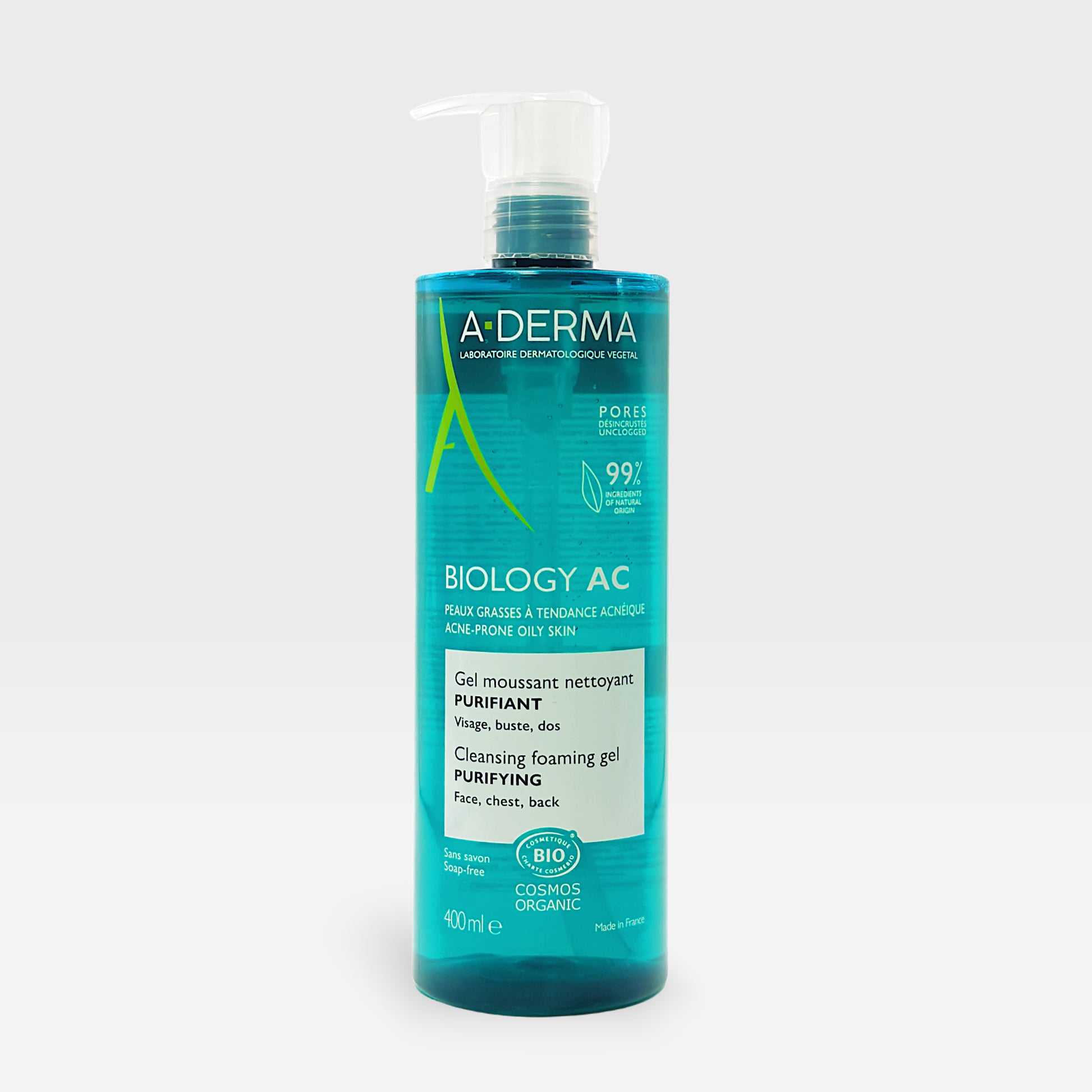 A-Derma Biology AC Purifying Cleansing Gel in a 400 ml bottle, showing the clear gel and product label on the front.