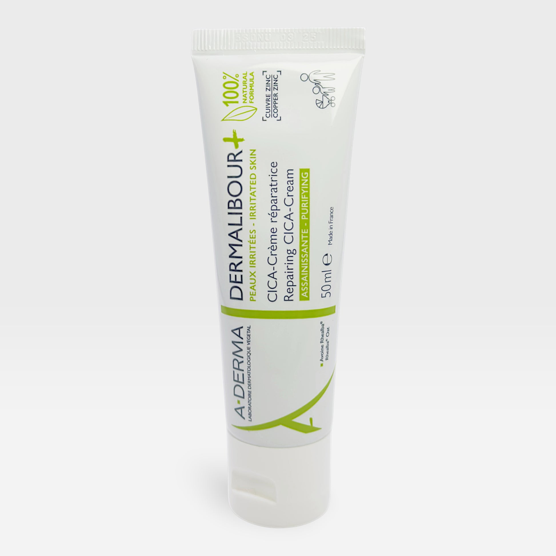A-Derma Dermalibour+ Repairing Cream in a 50ml tube, a gentle moisturizer for soothing and repairing sensitive skin.