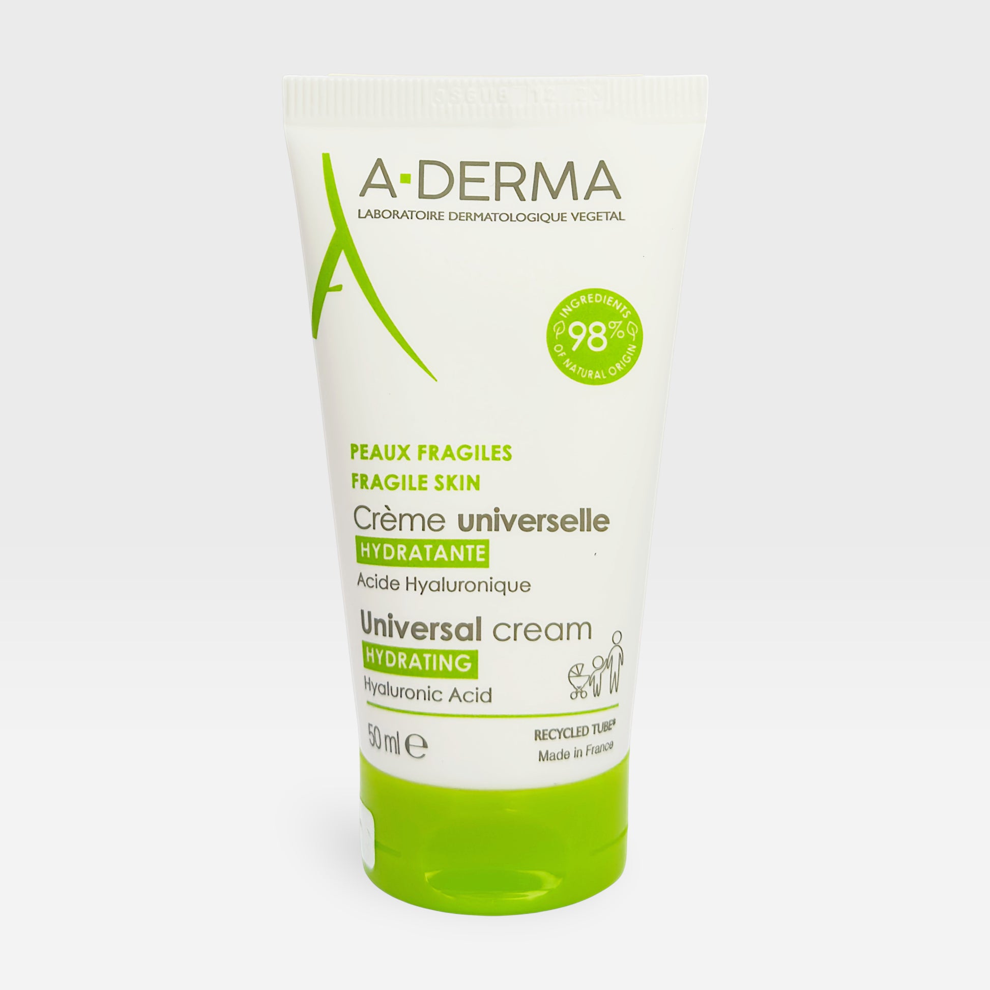 A-Derma Universal Moisturizing Cream for fragile skin in a 50ml jar, featuring a white cream texture suitable for sensitive skin.