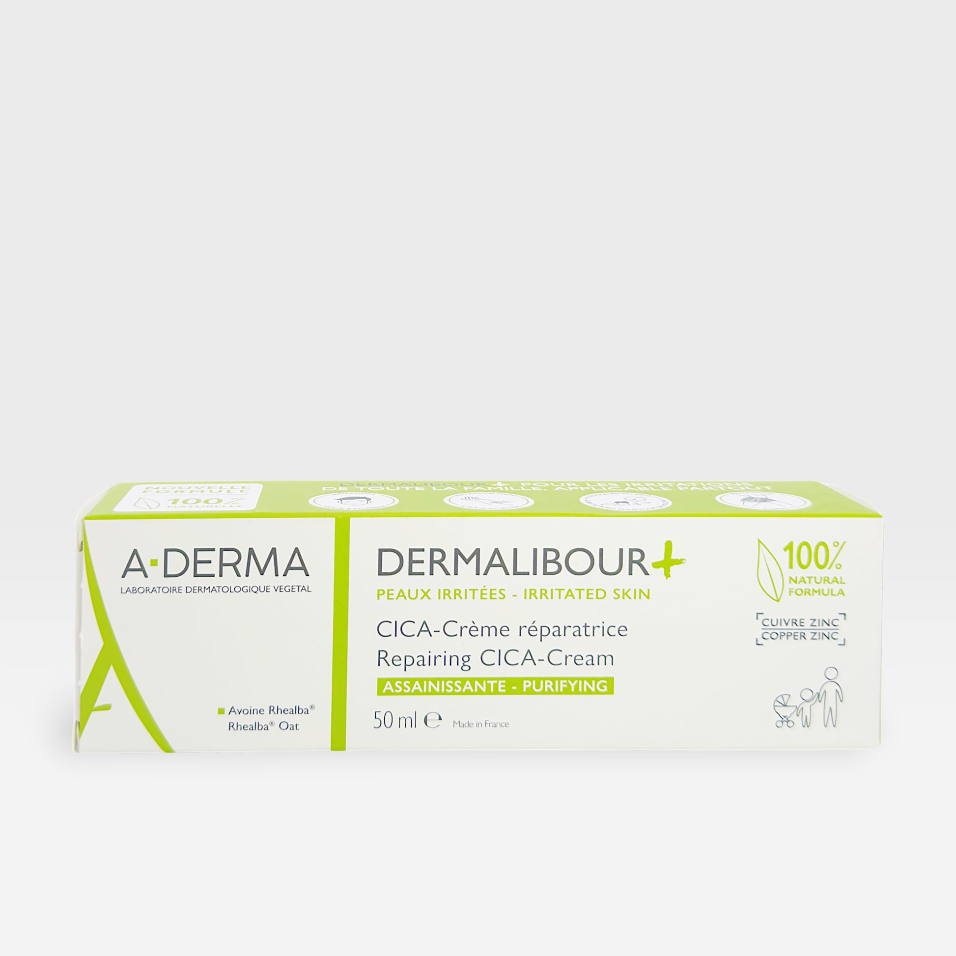 A-Derma Dermalibour+ Repairing Cream 50ml moisturizer tube with white and green packaging.