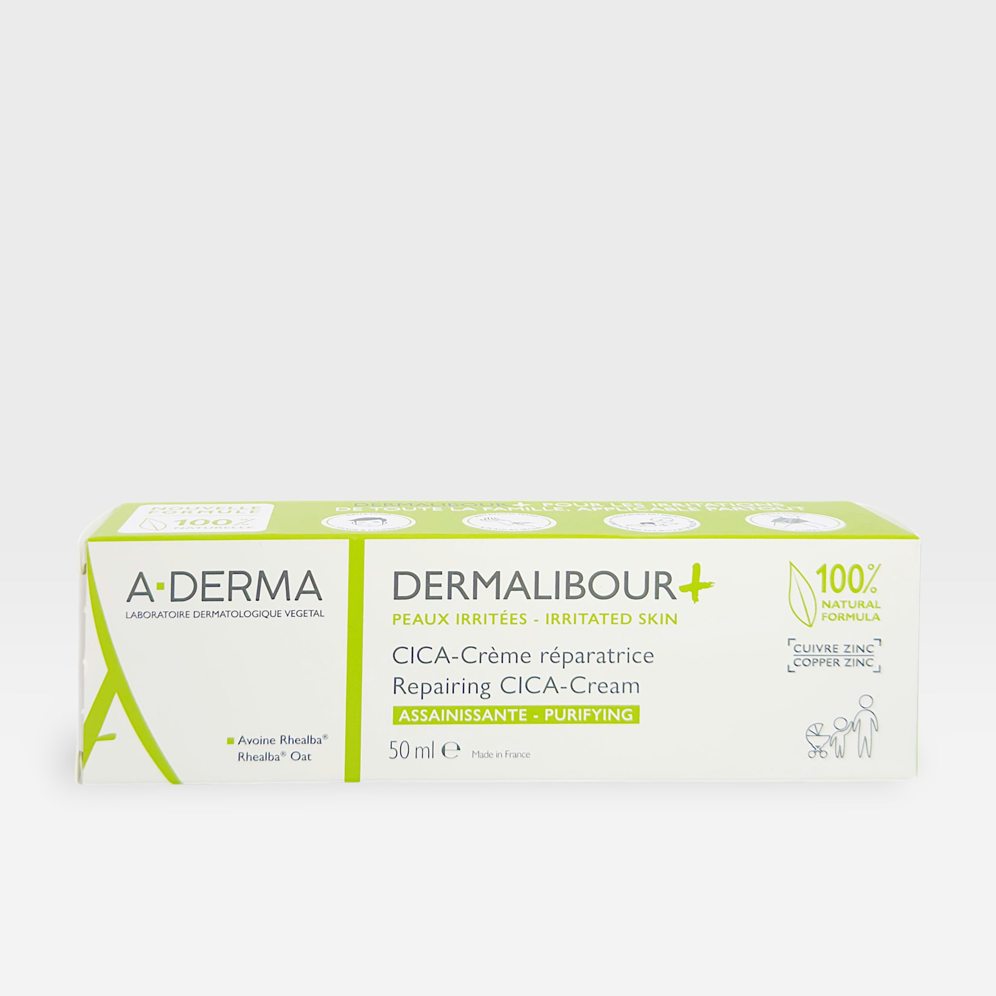 A-Derma Dermalibour+ Repairing Cream 50ml moisturizer tube with white and green packaging.