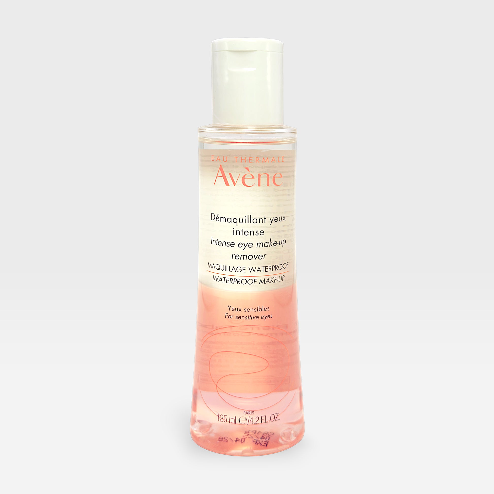 Avène Intense Eye Makeup Remover in 125ml bottle, gentle cleanser for removing eye makeup effectively and soothing delicate skin.
