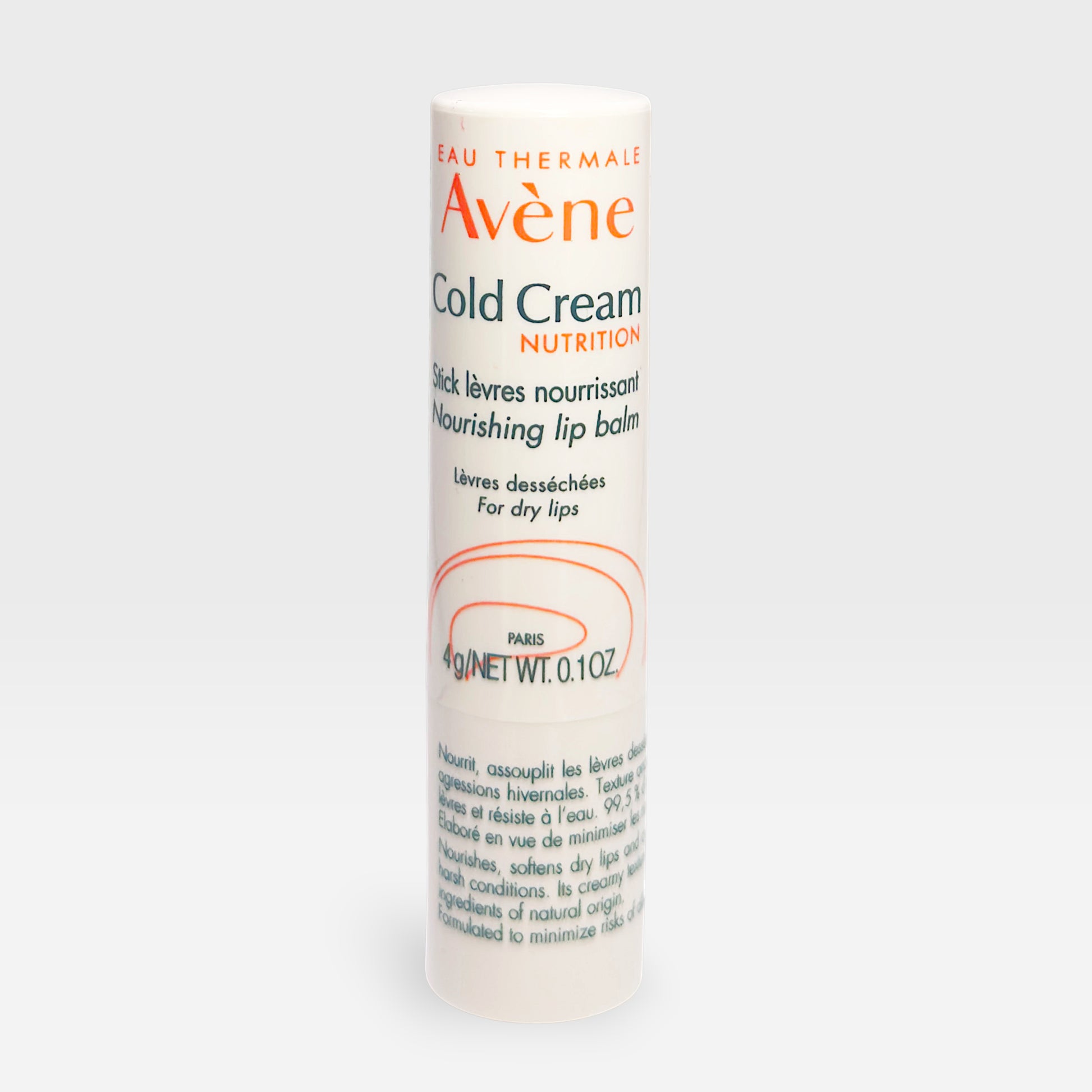 Avène Cold Cream Nourishing Lip Balm in 4g tube, moisturizing and soothing for dry lips, with smooth creamy texture.
