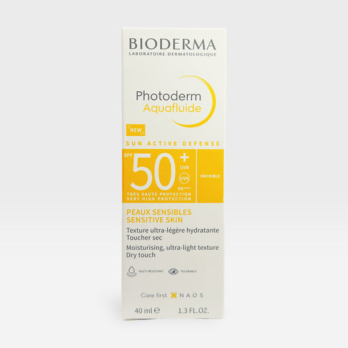 Bioderma Photoderm Aquafluide SPF50 fluid in a 40ml bottle, lightweight sunscreen with broad spectrum protection.
