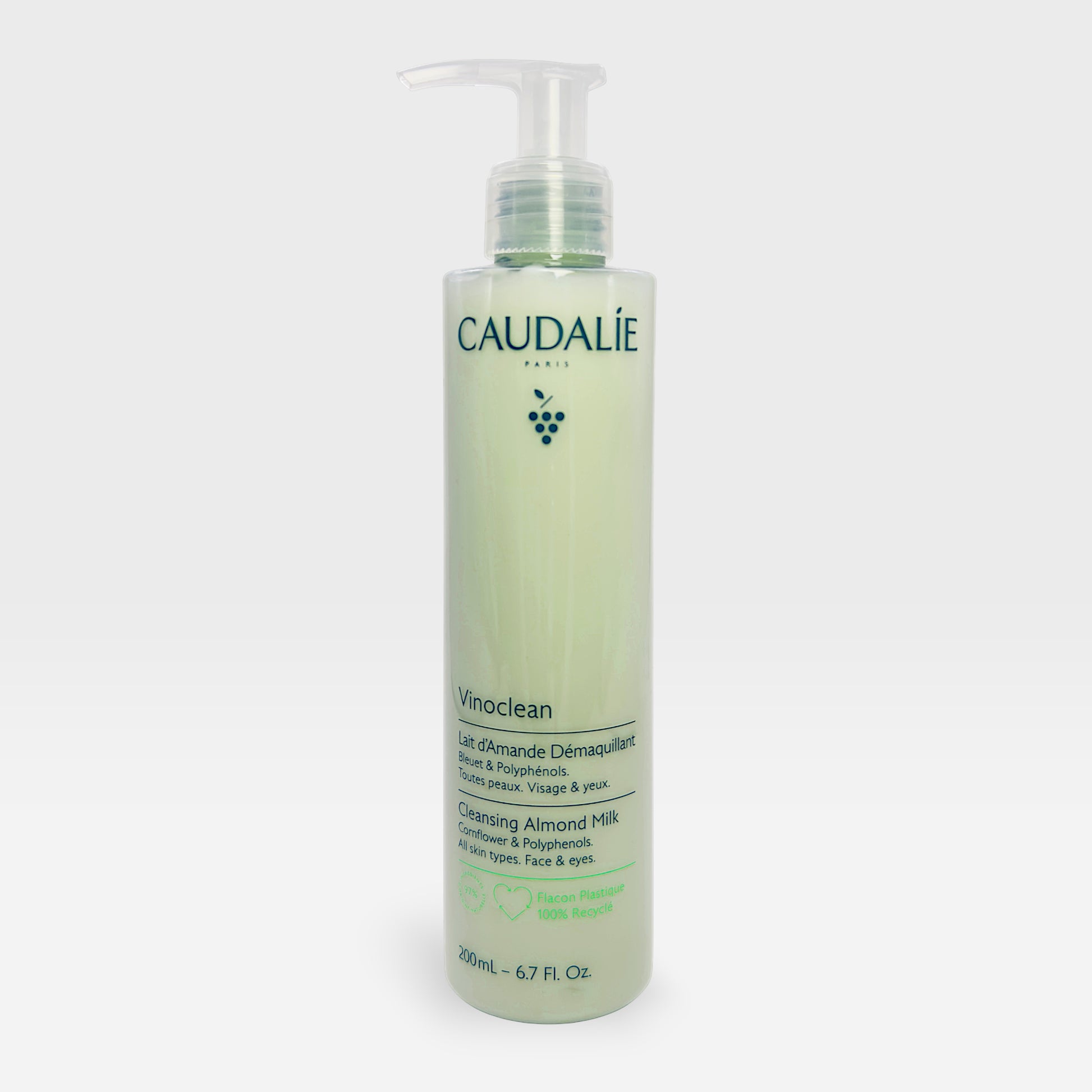 Caudalie Vinoclean Almond Milk Makeup Remover in a 200ml bottle, gentle cleansing milk for sensitive skin.
