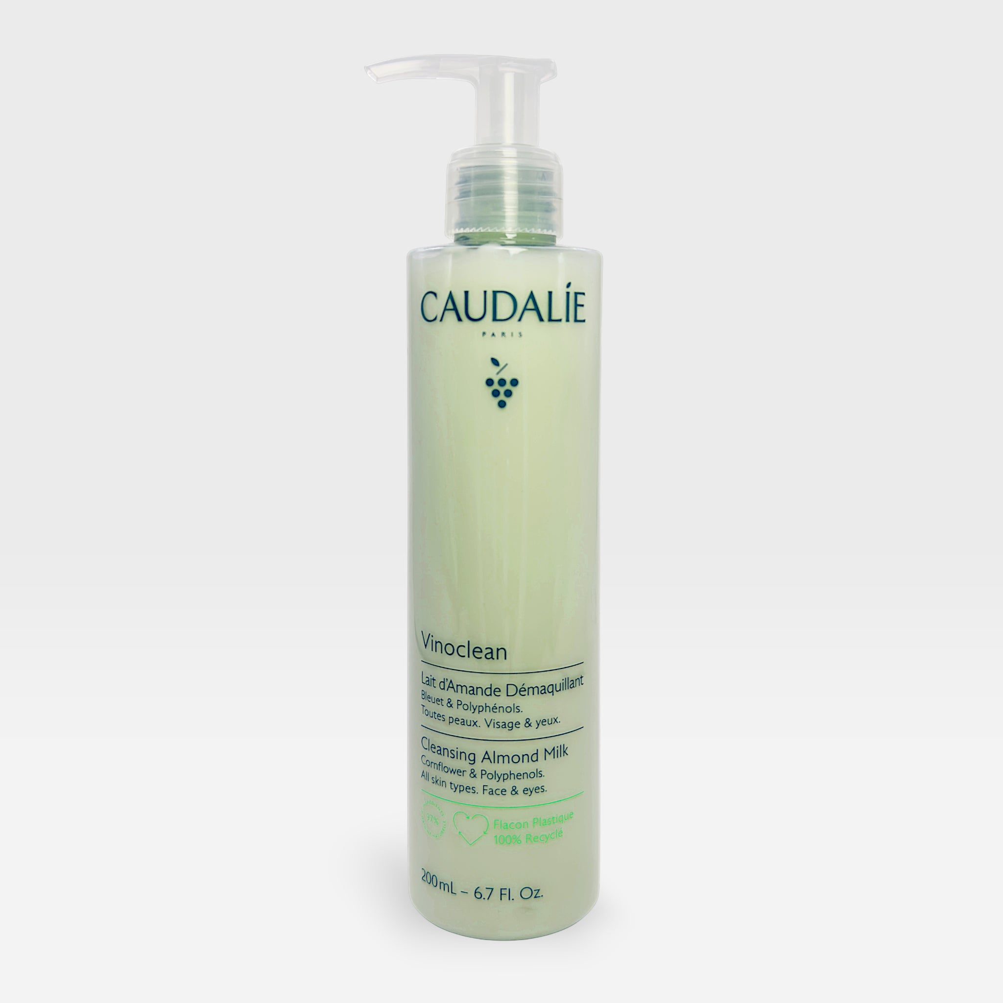Caudalie Vinoclean Almond Milk Makeup Remover in a 200ml bottle, gentle cleansing milk for sensitive skin.