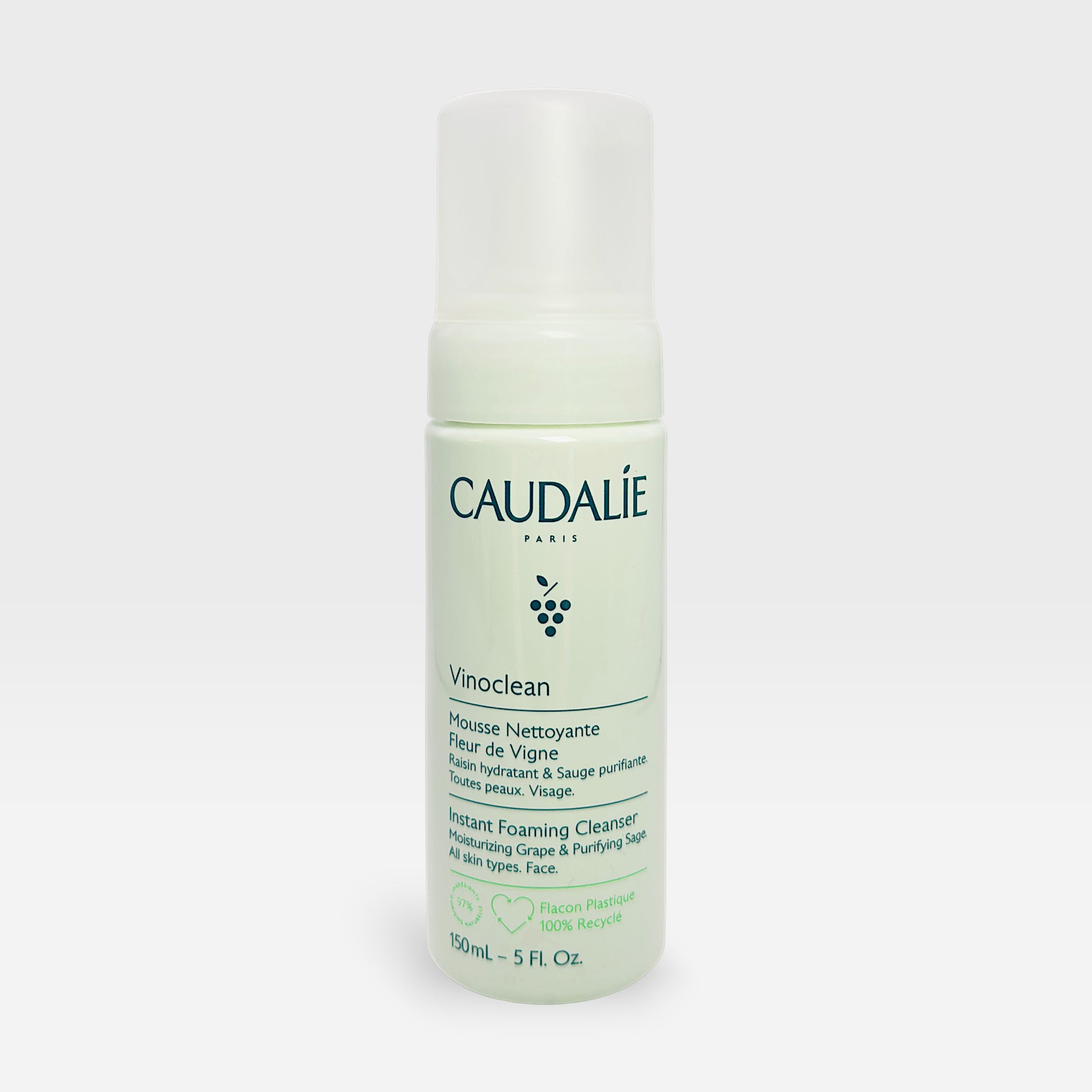 Caudalie Instant Foaming Vine Flower Cleanser in 50ml bottle, showing the foaming cleanser with floral ingredients and sleek packaging.