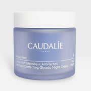 Caudalie Vinoperfect Brightening Glycolic Night Cream in a 50ml jar, moisturizing and exfoliating for glowing skin.