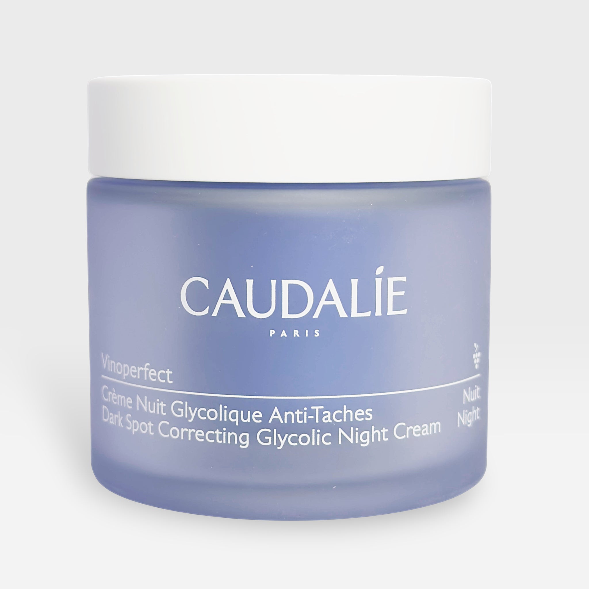 Caudalie Vinoperfect Brightening Glycolic Night Cream in a 50ml jar, moisturizing and exfoliating for glowing skin.