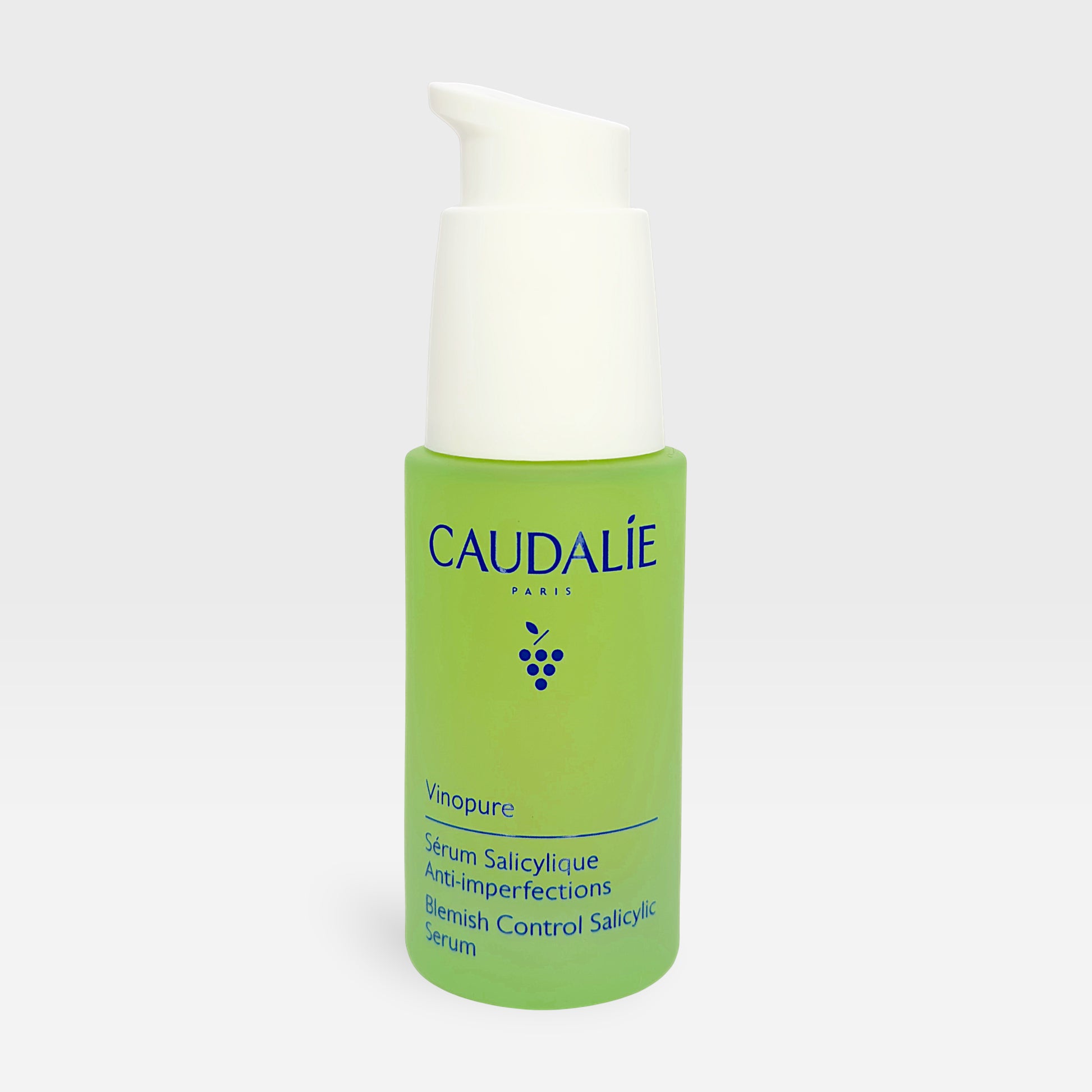 Caudalie Vinopure Blemish Control Salicylic Serum bottle with dropper for clear, blemish-prone skin care.