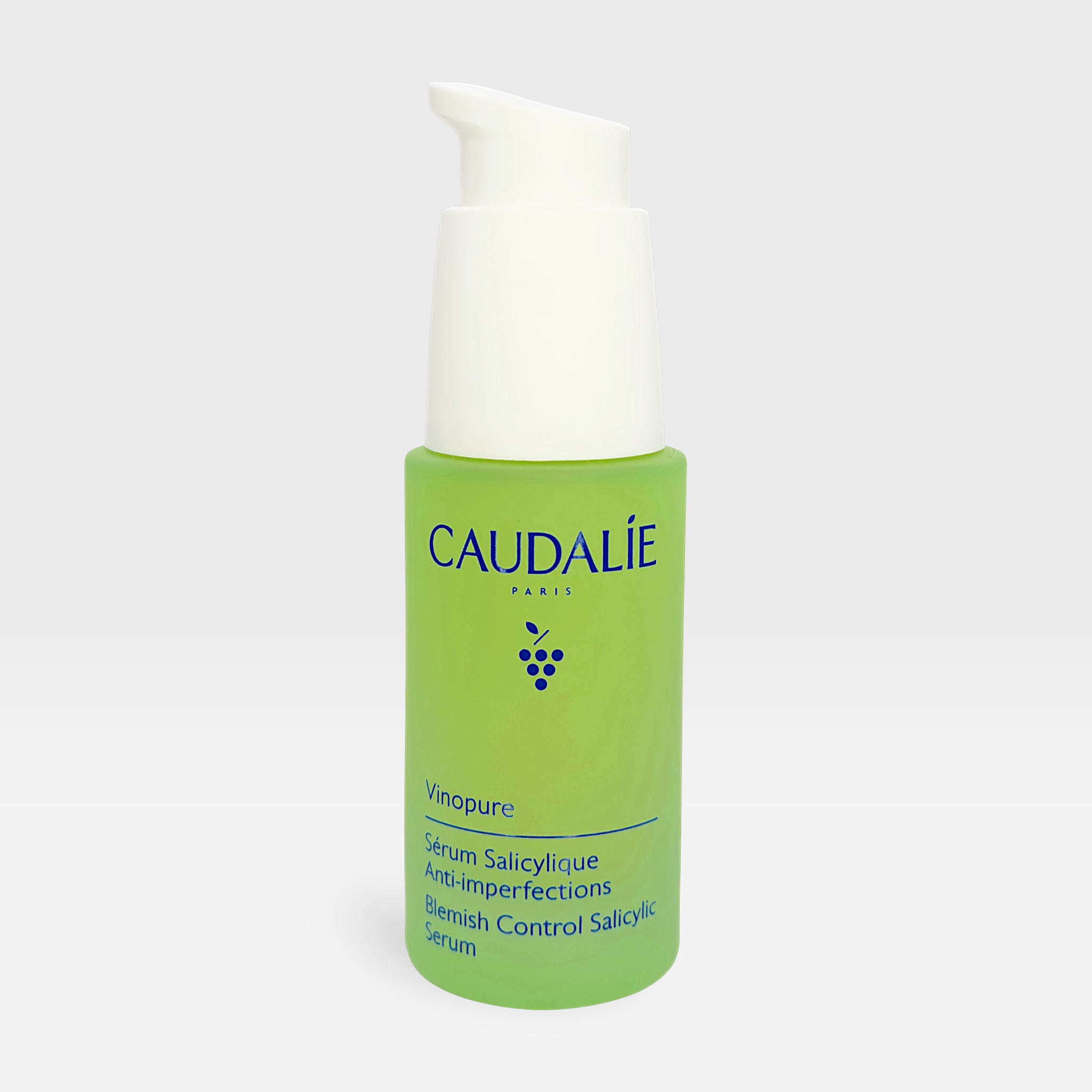 Caudalie Vinopure Blemish Control Salicylic Serum bottle with dropper for clear, blemish-prone skin care.