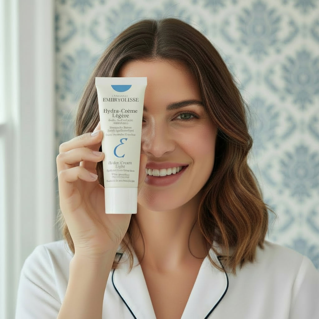 Embryolisse Hydra-Light moisturizer in a 40ml tube, showing application on the skin with smooth, lightweight cream.