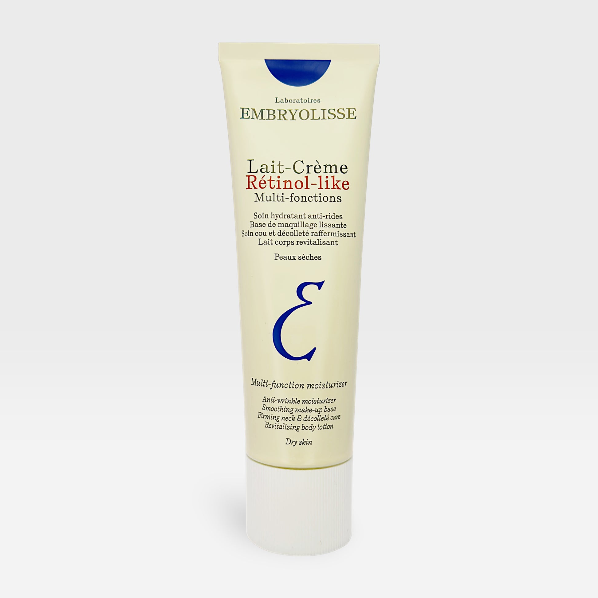 Embryolisse Lait-Crème Retinol-Like moisturizer in a 75ml tube, showcasing its smooth, creamy texture and sleek packaging.
