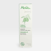 Melvita nourishing cold-pressed avocado oil in a 50ml fluid bottle, showcasing the clear, golden oil inside a sleek container.