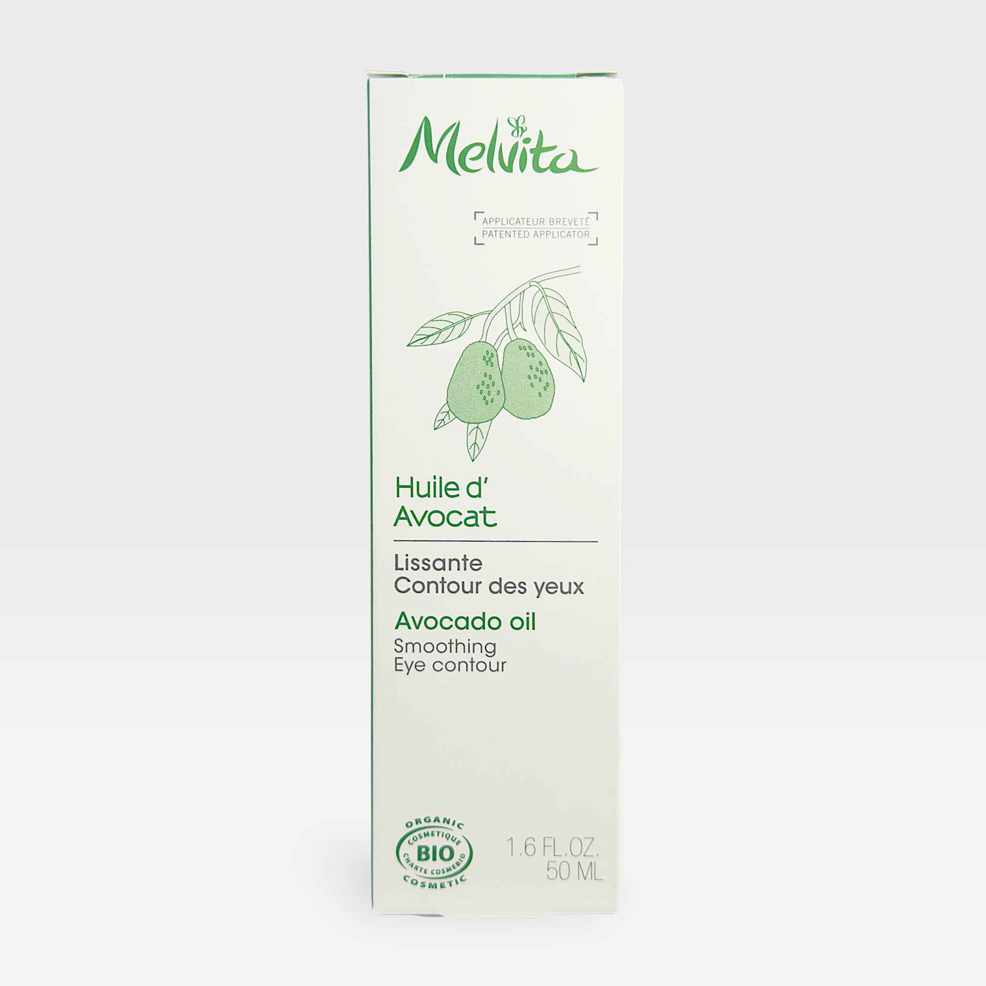 Melvita nourishing cold-pressed avocado oil in a 50ml fluid bottle, showcasing the clear, golden oil inside a sleek container.
