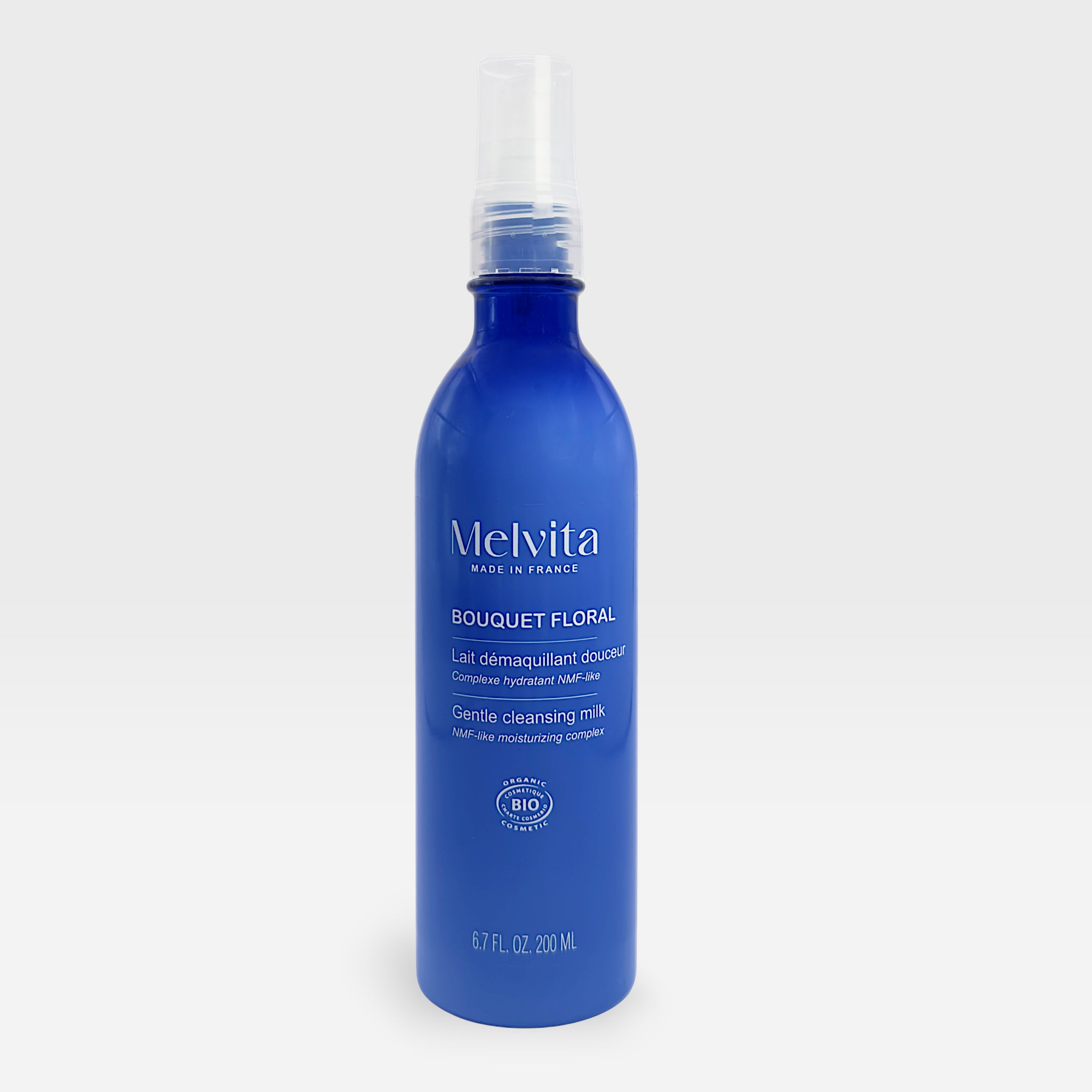 Melvita Floral Bouquet Gentle Organic Cleansing Milk in a 200ml bottle, featuring a floral design on the packaging.