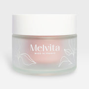 Melvita Source de Roses Hydra-Plumping Cream in a 50ml jar, featuring a pink floral design and smooth, creamy texture.