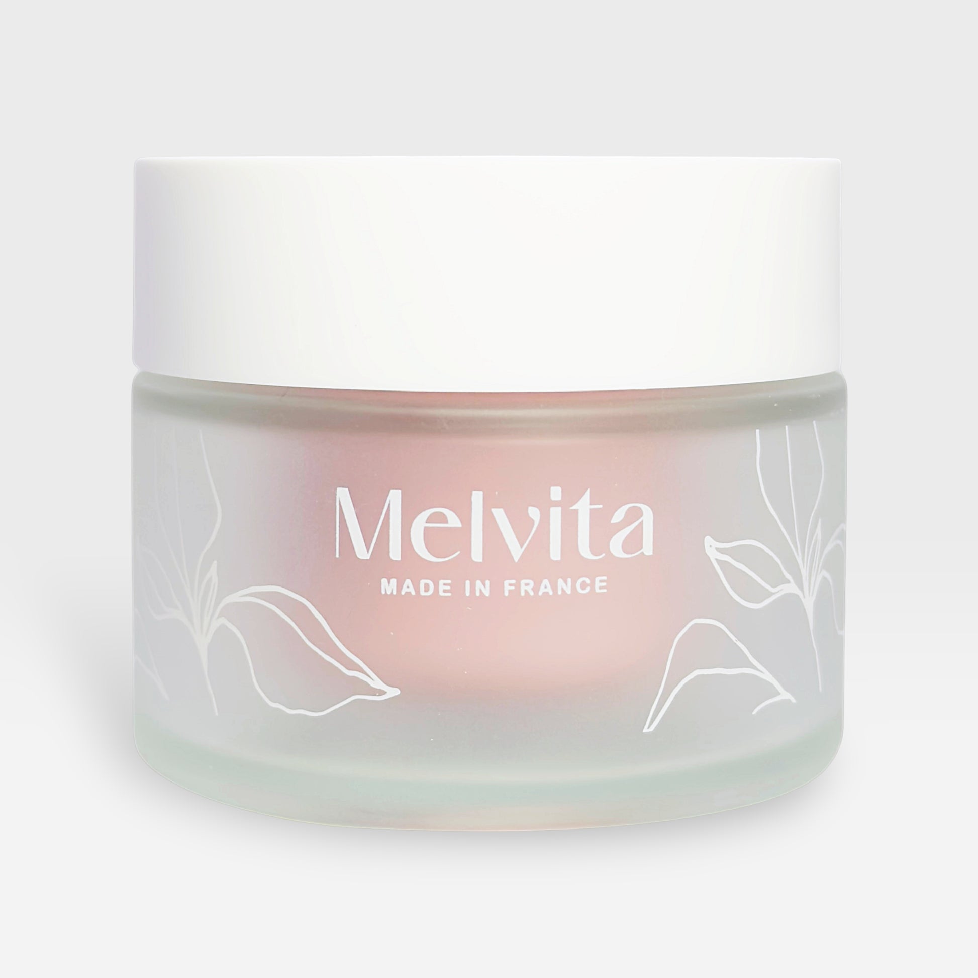 Melvita Source de Roses Hydra-Plumping Cream in a 50ml jar, featuring a pink floral design and smooth, creamy texture.