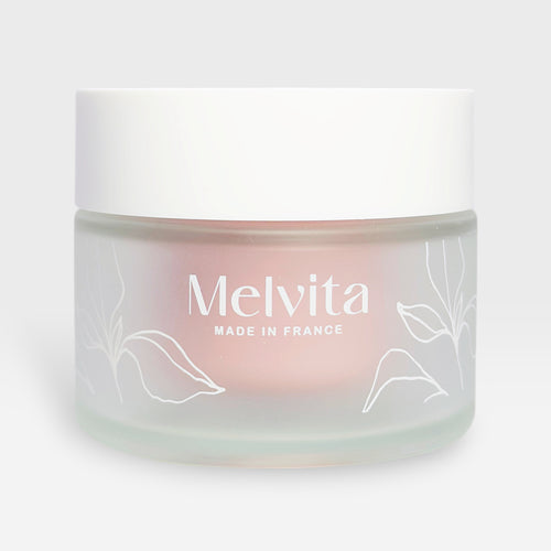 Melvita Source de Roses Hydra-Plumping Cream in a 50ml jar, featuring a pink floral design and smooth, creamy texture.
