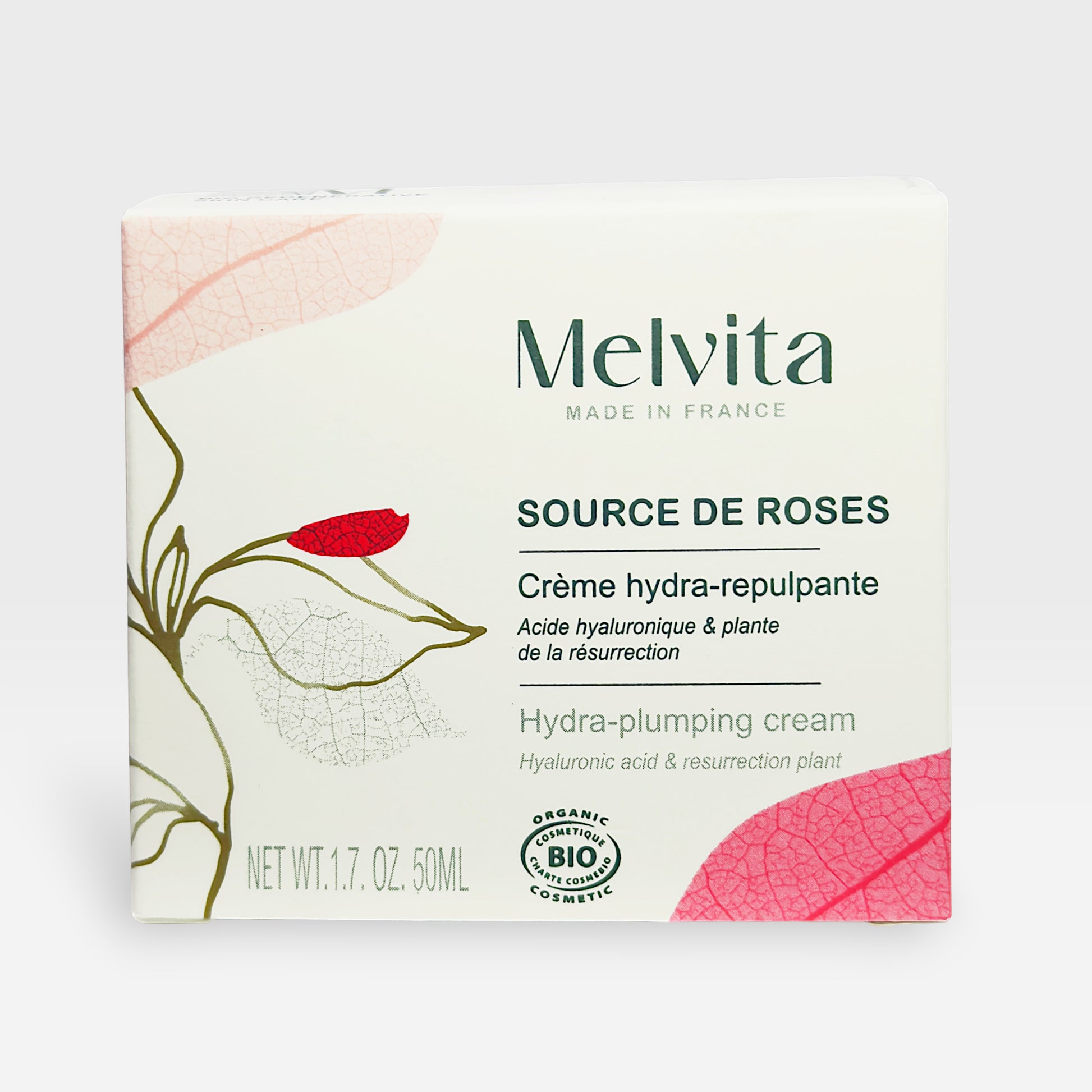 Melvita Source de Roses Hydra-Plumping Cream in a 50ml jar, featuring a pink and white packaging, designed for moisturized, plump skin