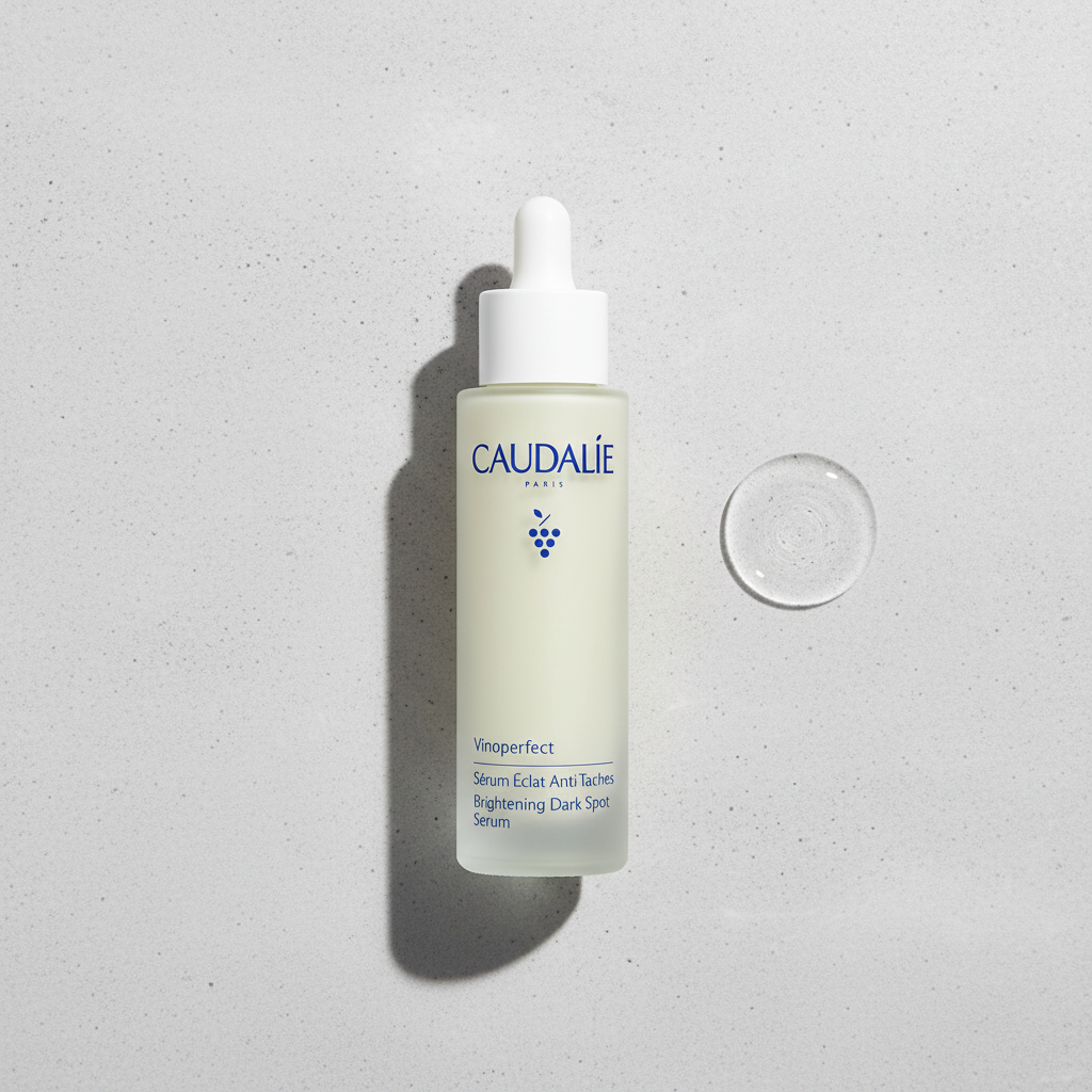 Caudalie Vinoperfect Radiance Serum bottle with a sleek 50ml design, featuring a pump dispenser and clean branding.