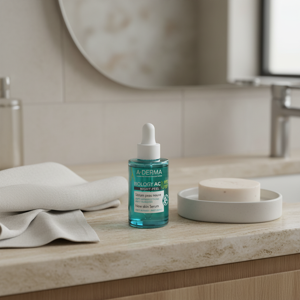 A-Derma Biology AC Night-Peel Serum in a 30ml bottle, featuring a sleek design and dropper applicator on a white background.
