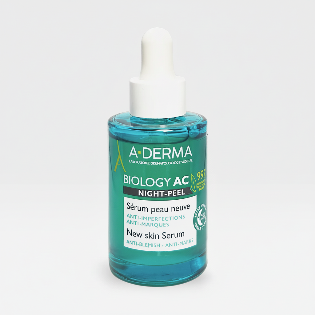 A-Derma Biology AC Night-Peel Serum in a 30ml bottle, showcasing the clear serum with a sleek design and product label.